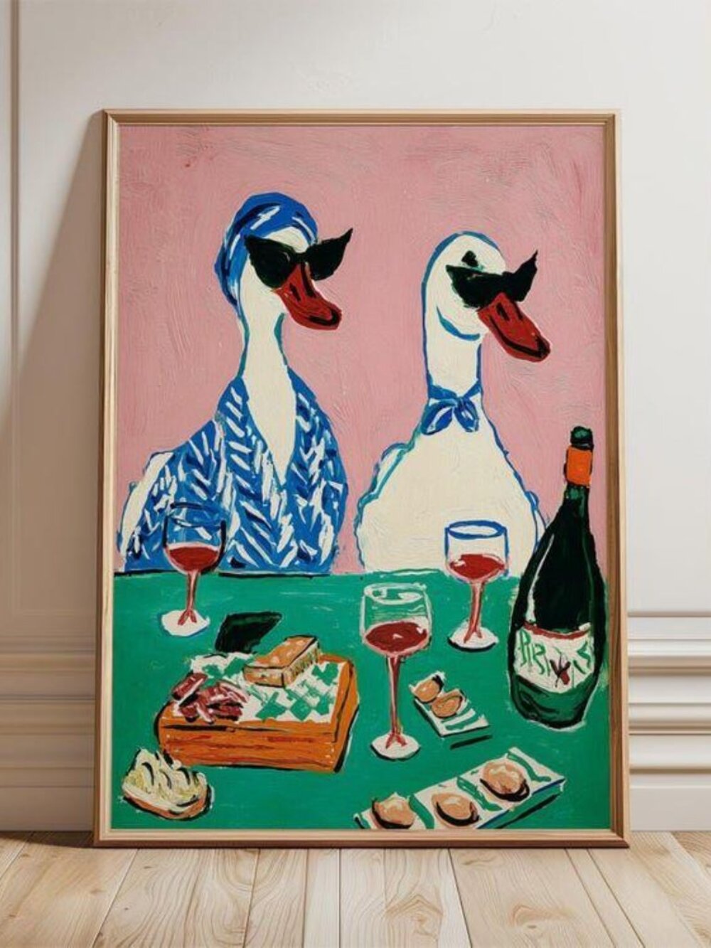 Duck Wine Party Art Print, Quirky Animal Poster, Retro Wall Art with Ducks